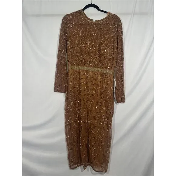 NWT Mac Duggal‎ [ 16W ] 5518 Embellished Long Sleeve High Neck Dress Copper - Picture 6 of 12